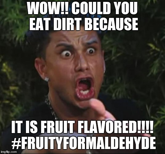 DJ Pauly D Meme | WOW!! COULD YOU EAT DIRT BECAUSE; IT IS FRUIT FLAVORED!!!! #FRUITYFORMALDEHYDE | image tagged in memes,dj pauly d | made w/ Imgflip meme maker