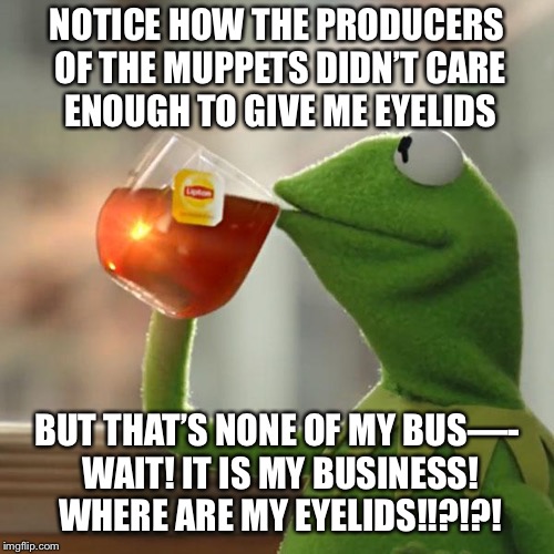 But That's None Of My Business Meme | NOTICE HOW THE PRODUCERS OF THE MUPPETS DIDN’T CARE ENOUGH TO GIVE ME EYELIDS; BUT THAT’S NONE OF MY BUS—- WAIT! IT IS MY BUSINESS! WHERE ARE MY EYELIDS!!?!?! | image tagged in memes,but thats none of my business,kermit the frog | made w/ Imgflip meme maker