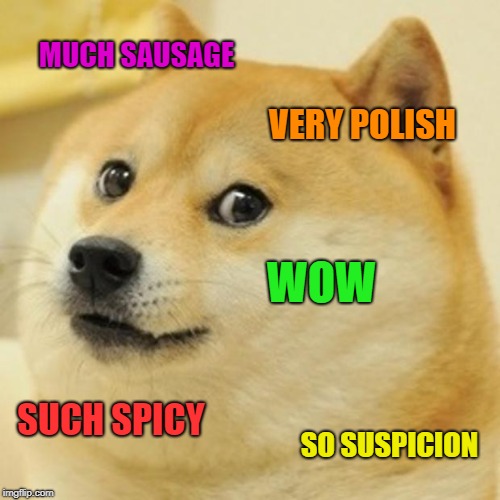 Doge Meme | MUCH SAUSAGE VERY POLISH WOW SUCH SPICY SO SUSPICION | image tagged in memes,doge | made w/ Imgflip meme maker