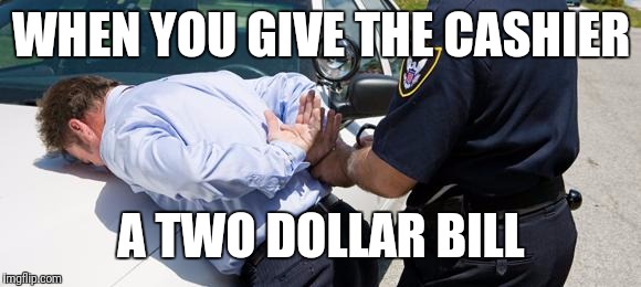 arrest | WHEN YOU GIVE THE CASHIER; A TWO DOLLAR BILL | image tagged in arrest | made w/ Imgflip meme maker