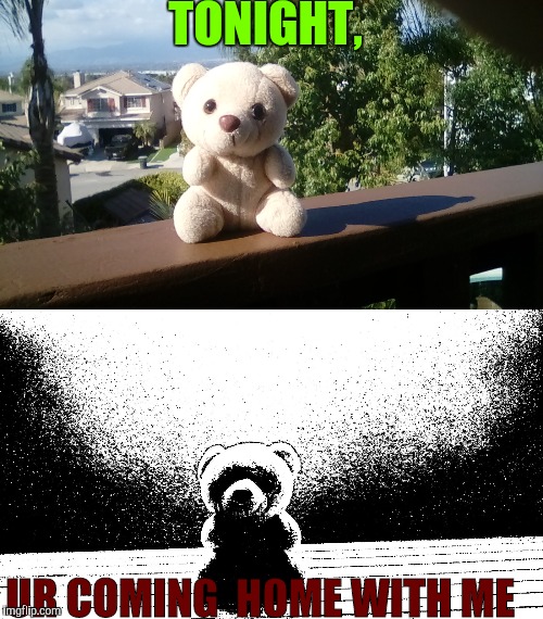 Dark, Misleading Teddy Bear template | TONIGHT, UR COMING  HOME WITH ME | image tagged in dark humor,spooky,bear,new template | made w/ Imgflip meme maker