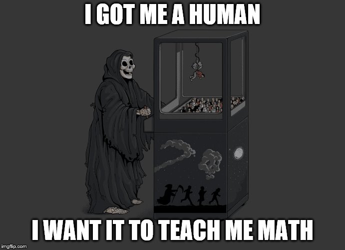 Angel of Death | I GOT ME A HUMAN; I WANT IT TO TEACH ME MATH | image tagged in angel of death | made w/ Imgflip meme maker