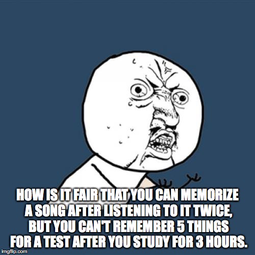 Y U No Meme | HOW IS IT FAIR THAT YOU CAN MEMORIZE A SONG AFTER LISTENING TO IT TWICE, BUT YOU CAN'T REMEMBER 5 THINGS FOR A TEST AFTER YOU STUDY FOR 3 HOURS. | image tagged in memes,y u no | made w/ Imgflip meme maker