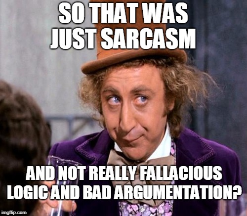 SO THAT WAS JUST SARCASM AND NOT REALLY FALLACIOUS LOGIC AND BAD ARGUMENTATION? | made w/ Imgflip meme maker