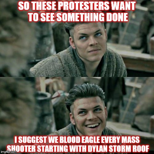 SO THESE PROTESTERS WANT TO SEE SOMETHING DONE I SUGGEST WE BLOOD EAGLE EVERY MASS SHOOTER STARTING WITH DYLAN STORM ROOF | made w/ Imgflip meme maker