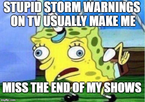 Mocking Spongebob Meme | STUPID STORM WARNINGS ON TV USUALLY MAKE ME MISS THE END OF MY SHOWS | image tagged in memes,mocking spongebob | made w/ Imgflip meme maker