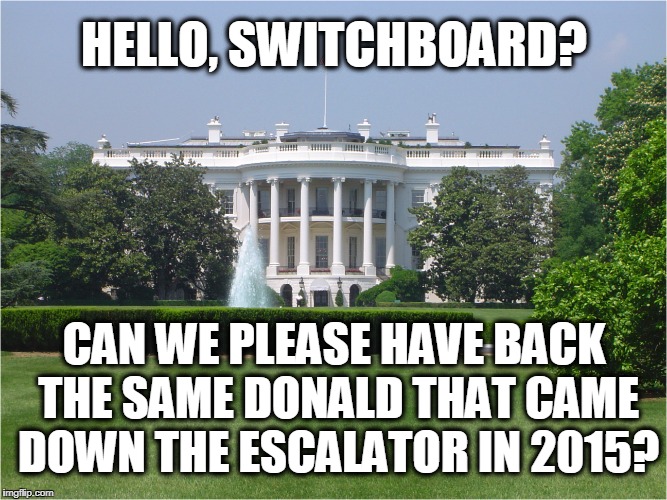 hello switchboard | HELLO, SWITCHBOARD? CAN WE PLEASE HAVE BACK THE SAME DONALD THAT CAME DOWN THE ESCALATOR IN 2015? | image tagged in donald trump | made w/ Imgflip meme maker