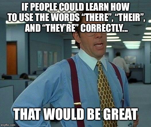 That Would Be Great | IF PEOPLE COULD LEARN HOW TO USE THE WORDS “THERE”, “THEIR”, AND “THEY’RE” CORRECTLY... THAT WOULD BE GREAT | image tagged in memes,that would be great | made w/ Imgflip meme maker