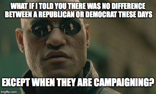 Matrix Morpheus | WHAT IF I TOLD YOU THERE WAS NO DIFFERENCE BETWEEN A REPUBLICAN OR DEMOCRAT THESE DAYS; EXCEPT WHEN THEY ARE CAMPAIGNING? | image tagged in memes,matrix morpheus | made w/ Imgflip meme maker