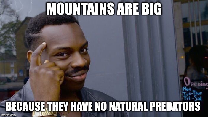 Roll Safe Think About It | MOUNTAINS ARE BIG; BECAUSE THEY HAVE NO NATURAL PREDATORS | image tagged in memes,roll safe think about it | made w/ Imgflip meme maker