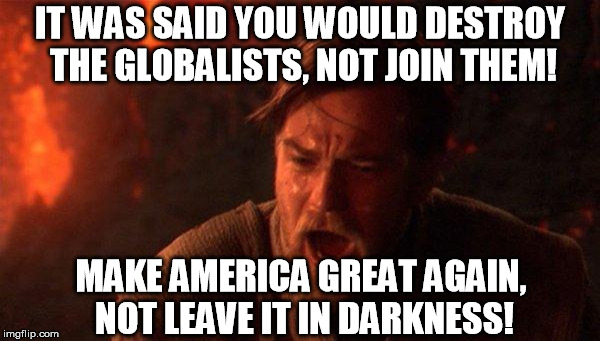 Trump, you were the chosen one! | IT WAS SAID YOU WOULD DESTROY THE GLOBALISTS, NOT JOIN THEM! MAKE AMERICA GREAT AGAIN, NOT LEAVE IT IN DARKNESS! | image tagged in memes,you were the chosen one star wars,trump,omnibus,game over | made w/ Imgflip meme maker