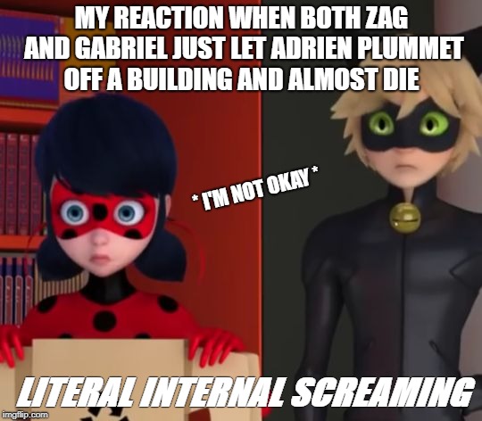 MY REACTION WHEN BOTH ZAG AND GABRIEL JUST LET ADRIEN PLUMMET OFF A BUILDING AND ALMOST DIE; * I'M NOT OKAY *; LITERAL INTERNAL SCREAMING | made w/ Imgflip meme maker