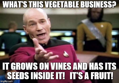 Picard Wtf Meme | WHAT'S THIS VEGETABLE BUSINESS? IT GROWS ON VINES AND HAS ITS SEEDS INSIDE IT!   IT'S A FRUIT! | image tagged in memes,picard wtf | made w/ Imgflip meme maker