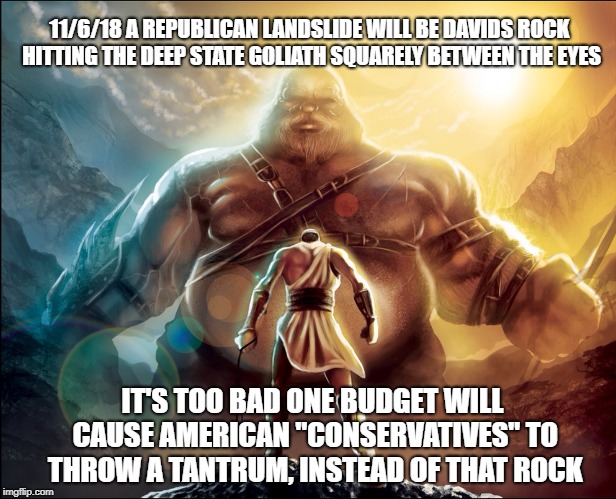 Priorities | 11/6/18 A REPUBLICAN LANDSLIDE WILL BE DAVIDS ROCK HITTING THE DEEP STATE GOLIATH SQUARELY BETWEEN THE EYES; IT'S TOO BAD ONE BUDGET WILL CAUSE AMERICAN "CONSERVATIVES" TO THROW A TANTRUM, INSTEAD OF THAT ROCK | image tagged in deep state,victory | made w/ Imgflip meme maker