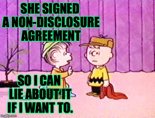 Charlie Brown and Lyin'-Ass | SHE SIGNED A NON-DISCLOSURE AGREEMENT; SO I CAN LIE ABOUT IT IF I WANT TO. | image tagged in charlie brown and linus,stormy daniels,lyin' ass trump | made w/ Imgflip meme maker