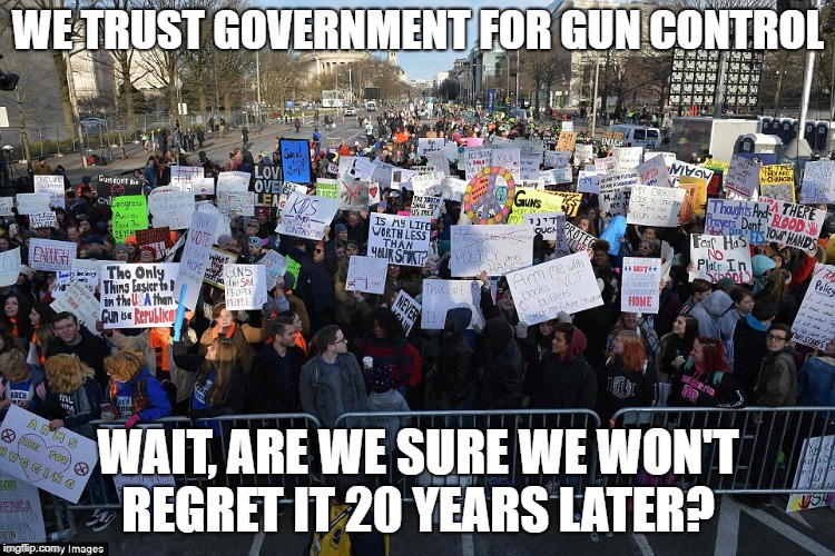Anti-gun March | WE TRUST GOVERNMENT FOR GUN CONTROL; WAIT, ARE WE SURE WE WON'T REGRET IT 20 YEARS LATER? | image tagged in anti-gun march | made w/ Imgflip meme maker