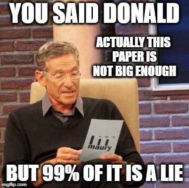 Maury Lie Detector Meme | YOU SAID DONALD; ACTUALLY THIS PAPER IS NOT BIG ENOUGH; BUT 99% OF IT IS A LIE | image tagged in memes,maury lie detector | made w/ Imgflip meme maker