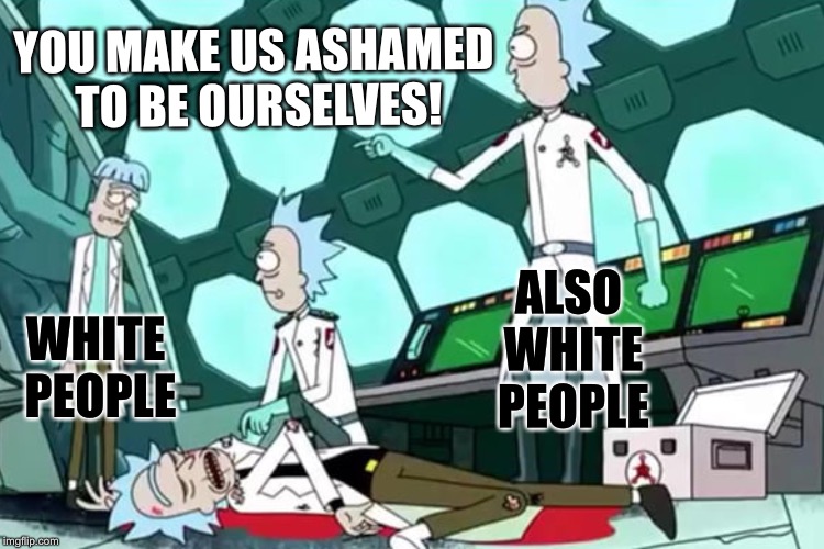 YOU MAKE US ASHAMED TO BE OURSELVES! ALSO WHITE PEOPLE; WHITE PEOPLE | image tagged in rick and morty,white people,shame | made w/ Imgflip meme maker