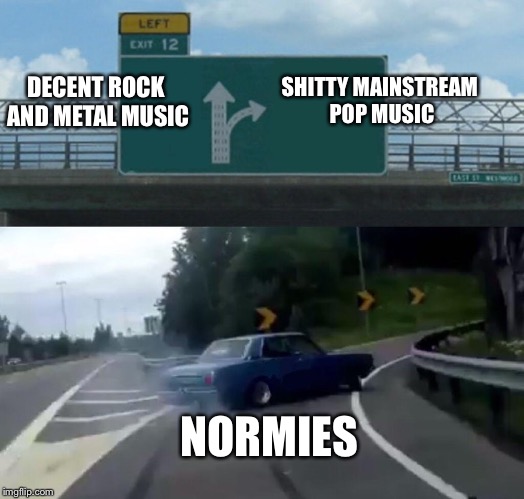 Left Exit 12 Off Ramp Meme | SHITTY MAINSTREAM POP MUSIC; DECENT ROCK AND METAL MUSIC; NORMIES | image tagged in memes,left exit 12 off ramp | made w/ Imgflip meme maker