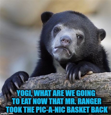 Meanwhile, back in Jellystone Park  | YOGI, WHAT ARE WE GOING TO EAT NOW THAT MR. RANGER TOOK THE PIC-A-NIC BASKET BACK | image tagged in memes,confession bear,yogi bear,famous quotes,sad bear,camping | made w/ Imgflip meme maker