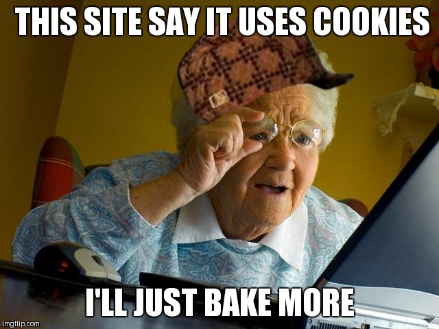 Grandma Finds The Internet Meme | THIS SITE SAY IT USES COOKIES; I'LL JUST BAKE MORE | image tagged in memes,grandma finds the internet,scumbag | made w/ Imgflip meme maker