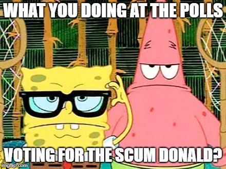 Badass Spongebob and Patrick | WHAT YOU DOING AT THE POLLS; VOTING FOR THE SCUM DONALD? | image tagged in badass spongebob and patrick | made w/ Imgflip meme maker