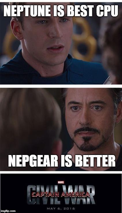 The Planeptune Debate | NEPTUNE IS BEST CPU; NEPGEAR IS BETTER | image tagged in memes,marvel civil war 1,hyperdimension neptunia | made w/ Imgflip meme maker