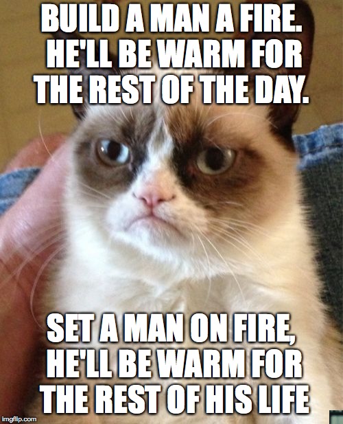 Grumpy Cat Meme | BUILD A MAN A FIRE. HE'LL BE WARM FOR THE REST OF THE DAY. SET A MAN ON FIRE, HE'LL BE WARM FOR THE REST OF HIS LIFE | image tagged in memes,grumpy cat | made w/ Imgflip meme maker