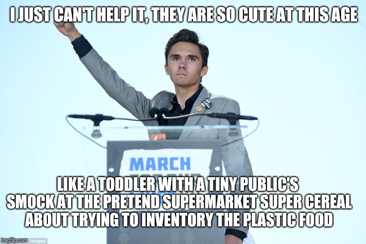 He's Super Cereal Guys | I JUST CAN'T HELP IT, THEY ARE SO CUTE AT THIS AGE; LIKE A TODDLER WITH A TINY PUBLIC'S SMOCK AT THE PRETEND SUPERMARKET SUPER CEREAL ABOUT TRYING TO INVENTORY THE PLASTIC FOOD | image tagged in david hogg,super cereal,memes,hire a teenager while they know everything,gun control | made w/ Imgflip meme maker