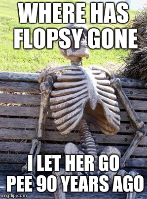 Waiting Skeleton Meme | WHERE HAS FLOPSY GONE; I LET HER GO PEE 90 YEARS AGO | image tagged in memes,waiting skeleton | made w/ Imgflip meme maker