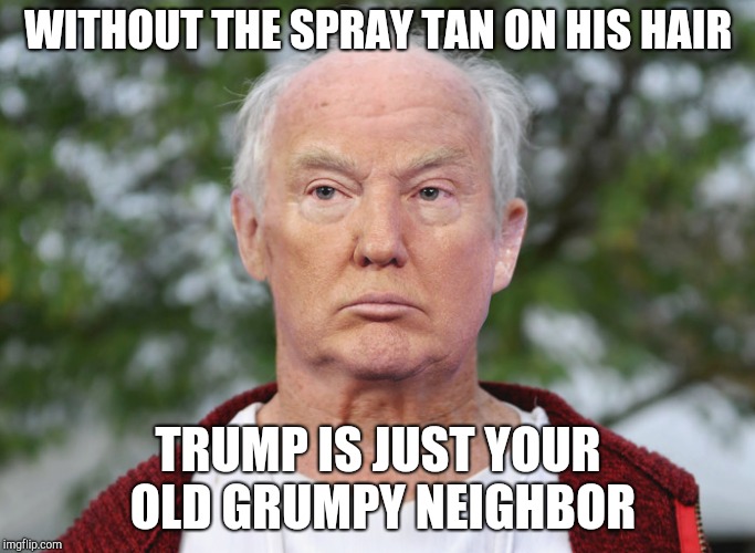Trump with no hair | WITHOUT THE SPRAY TAN ON HIS HAIR; TRUMP IS JUST YOUR OLD GRUMPY NEIGHBOR | image tagged in trump,rump,billionaire butthole,end of usa | made w/ Imgflip meme maker
