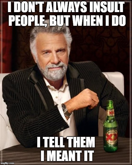 The Most Interesting Man In The World Meme | I DON'T ALWAYS INSULT PEOPLE, BUT WHEN I DO; I TELL THEM I MEANT IT | image tagged in memes,the most interesting man in the world | made w/ Imgflip meme maker