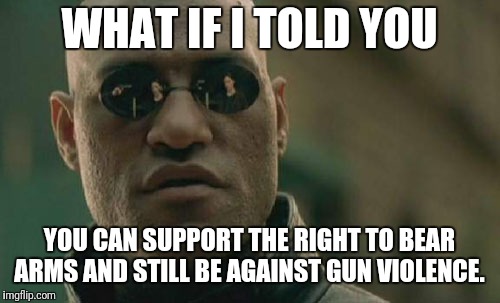 Matrix Morpheus Meme | WHAT IF I TOLD YOU; YOU CAN SUPPORT THE RIGHT TO BEAR ARMS AND STILL BE AGAINST GUN VIOLENCE. | image tagged in memes,matrix morpheus | made w/ Imgflip meme maker