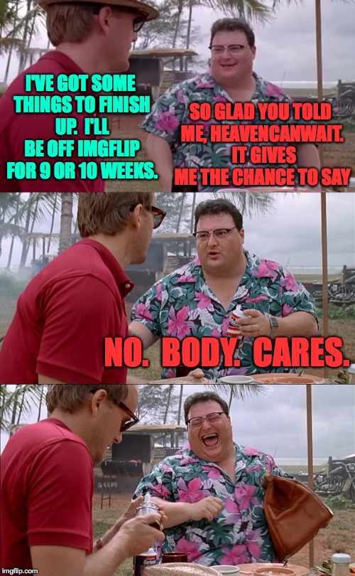 I really hate that man.  Meme ya later! | SO GLAD YOU TOLD ME, HEAVENCANWAIT.  IT GIVES ME THE CHANCE TO SAY; I'VE GOT SOME THINGS TO FINISH UP.  I'LL BE OFF IMGFLIP FOR 9 OR 10 WEEKS. NO.  BODY.  CARES. | image tagged in memes,see nobody cares,heavencanwait,imgflip | made w/ Imgflip meme maker