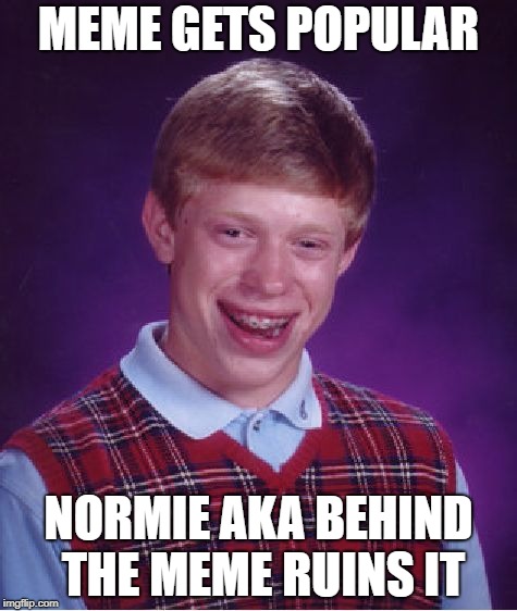 Bad Luck Brian | MEME GETS POPULAR; NORMIE AKA BEHIND THE MEME RUINS IT | image tagged in memes,bad luck brian | made w/ Imgflip meme maker