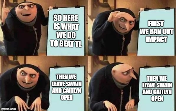 Gru's Plan Meme | SO HERE IS WHAT WE DO TO BEAT TL; FIRST WE BAN OUT IMPACT; THEN WE LEAVE SWAIN AND CAITLYN OPEN; THEN WE LEAVE SWAIN AND CAITLYN OPEN | image tagged in gru's plan | made w/ Imgflip meme maker