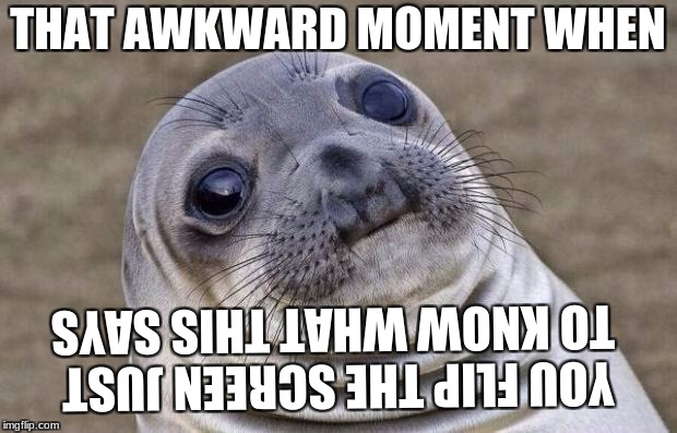 Awkward Moment Sealion Meme | THAT AWKWARD MOMENT WHEN; YOU FLIP THE SCREEN JUST TO KNOW WHAT THIS SAYS | image tagged in memes,awkward moment sealion | made w/ Imgflip meme maker
