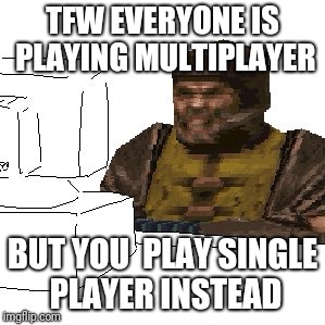 I just love single-player games much more than multiplayer ones... | TFW EVERYONE IS PLAYING MULTIPLAYER; BUT YOU  PLAY SINGLE PLAYER INSTEAD | image tagged in quake ranger on computer,memes,singleplayer,multiplayer,ranger,quake | made w/ Imgflip meme maker