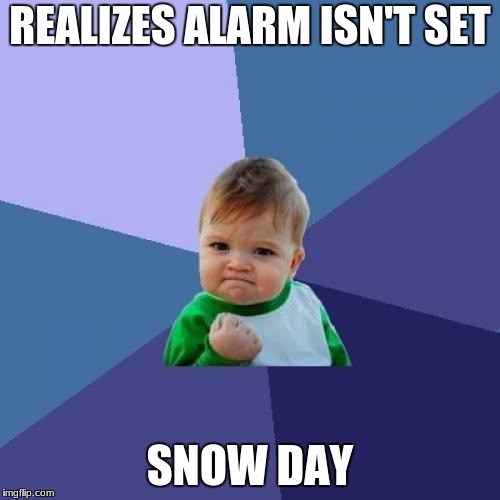 Success Kid | REALIZES ALARM ISN'T SET; SNOW DAY | image tagged in memes,success kid | made w/ Imgflip meme maker