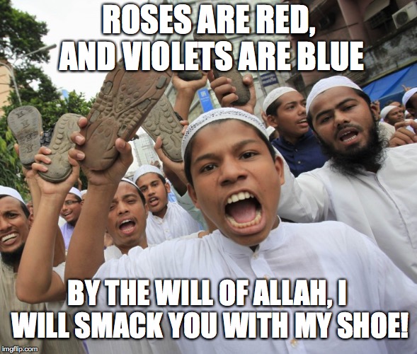 ... but ... why?... | ROSES ARE RED, AND VIOLETS ARE BLUE; BY THE WILL OF ALLAH, I WILL SMACK YOU WITH MY SHOE! | image tagged in muslim,valentine's day,shoes,allahu akbar,well that escalated quickly | made w/ Imgflip meme maker