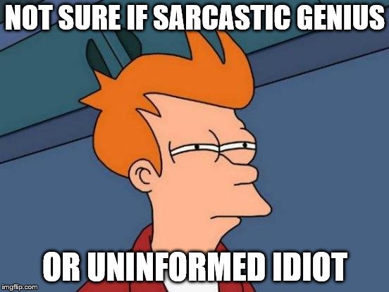 Futurama Fry Meme | NOT SURE IF SARCASTIC GENIUS; OR UNINFORMED IDIOT | image tagged in memes,futurama fry | made w/ Imgflip meme maker