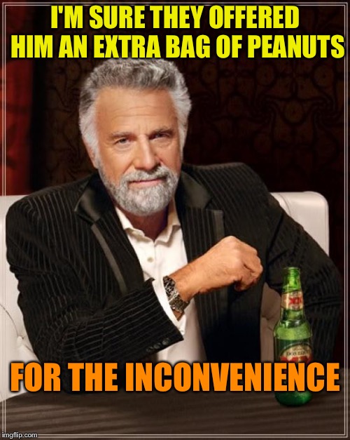 The Most Interesting Man In The World Meme | I'M SURE THEY OFFERED HIM AN EXTRA BAG OF PEANUTS FOR THE INCONVENIENCE | image tagged in memes,the most interesting man in the world | made w/ Imgflip meme maker