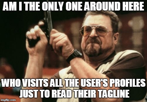 Some are hilarious! Some are slightly concerning | AM I THE ONLY ONE AROUND HERE; WHO VISITS ALL THE USER'S PROFILES JUST TO READ THEIR TAGLINE | image tagged in memes,am i the only one around here,tagline,tags,imgflip users,profile | made w/ Imgflip meme maker