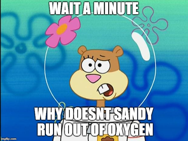 Sandy I Don't Know Why | WAIT A MINUTE; WHY DOESNT SANDY RUN OUT OF OXYGEN | image tagged in sandy i don't know why | made w/ Imgflip meme maker