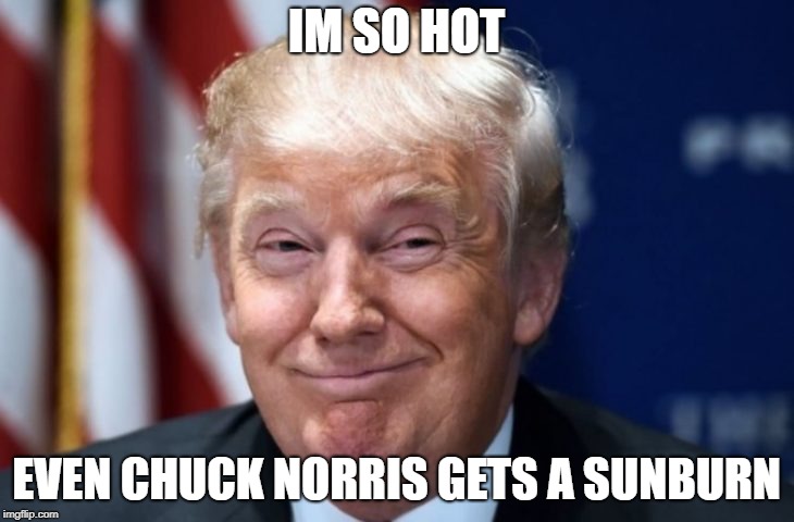 Donald Trump | IM SO HOT; EVEN CHUCK NORRIS GETS A SUNBURN | image tagged in donald trump,hot,chuck norris,president trump,smile,funny | made w/ Imgflip meme maker