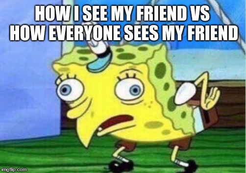 Mocking Spongebob | HOW I SEE MY FRIEND VS HOW EVERYONE SEES MY FRIEND | image tagged in memes,mocking spongebob | made w/ Imgflip meme maker