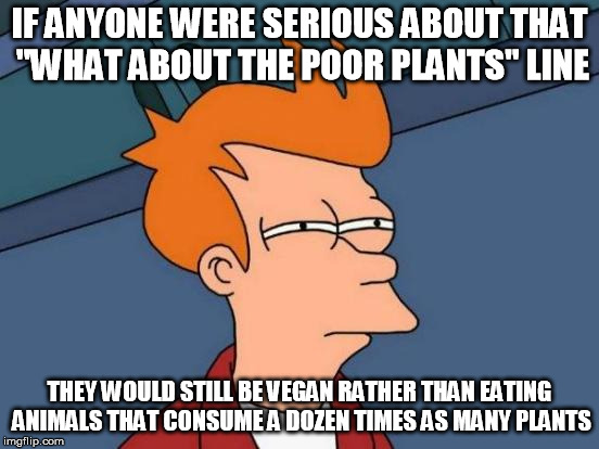 Futurama Fry Meme | IF ANYONE WERE SERIOUS ABOUT THAT "WHAT ABOUT THE POOR PLANTS" LINE THEY WOULD STILL BE VEGAN RATHER THAN EATING ANIMALS THAT CONSUME A DOZE | image tagged in memes,futurama fry | made w/ Imgflip meme maker