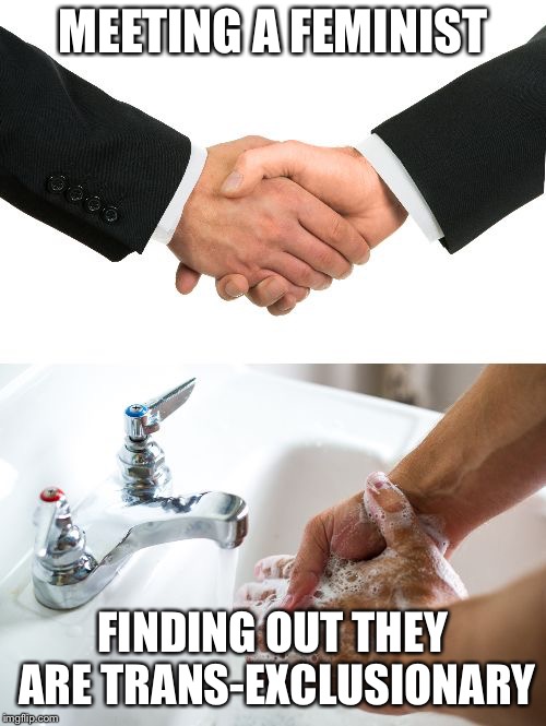 handshake washing hand | MEETING A FEMINIST; FINDING OUT THEY ARE TRANS-EXCLUSIONARY | image tagged in handshake washing hand | made w/ Imgflip meme maker