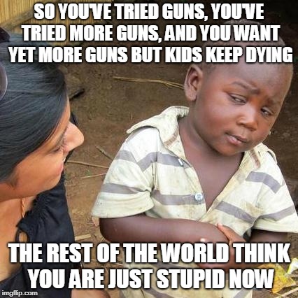 Guns Madness/Insanity | SO YOU'VE TRIED GUNS, YOU'VE TRIED MORE GUNS, AND YOU WANT YET MORE GUNS BUT KIDS KEEP DYING; THE REST OF THE WORLD THINK YOU ARE JUST STUPID NOW | image tagged in memes,third world skeptical kid,guns,school shooting,school,make america great again | made w/ Imgflip meme maker