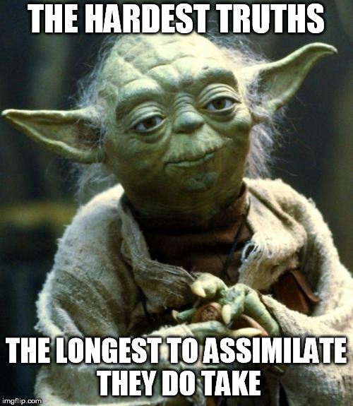 Star Wars Yoda Meme | THE HARDEST TRUTHS THE LONGEST TO ASSIMILATE THEY DO TAKE | image tagged in memes,star wars yoda | made w/ Imgflip meme maker